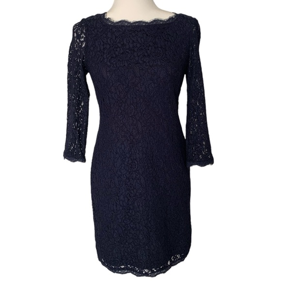 Adrianna Papell Navy Lace Sheath Dress | Size 4 - Picture 2 of 14